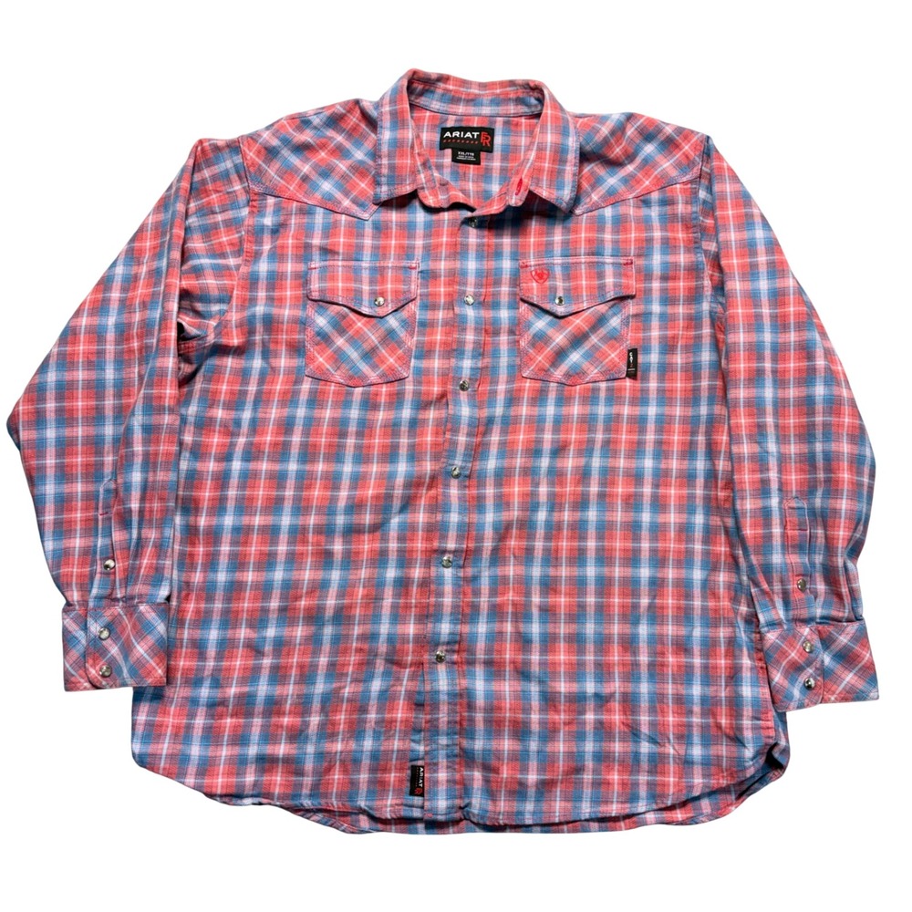 Ariat FR Work Shirt Mens XXL Red Blue Plaid Flame Resistant Western Pearl Snap